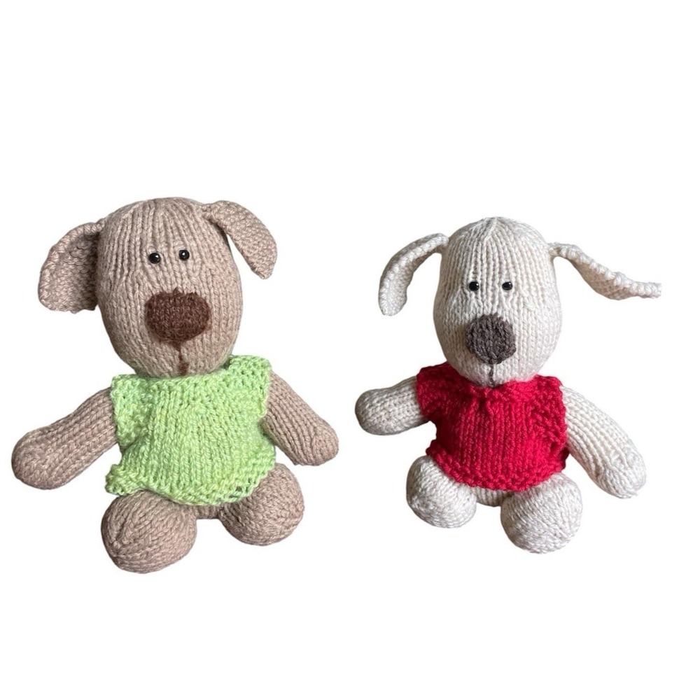 Puppy with Vest Plush Dog Handmade Knit Dog Lot of Two Toys Brown Beige Animals